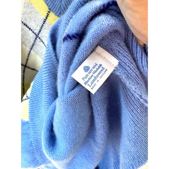 VTG Clan Royal Edinburgh Wool Blue Yellow Grey Argyle VNeck LS Sweater SZ EU 46 - Picture 4 of 7